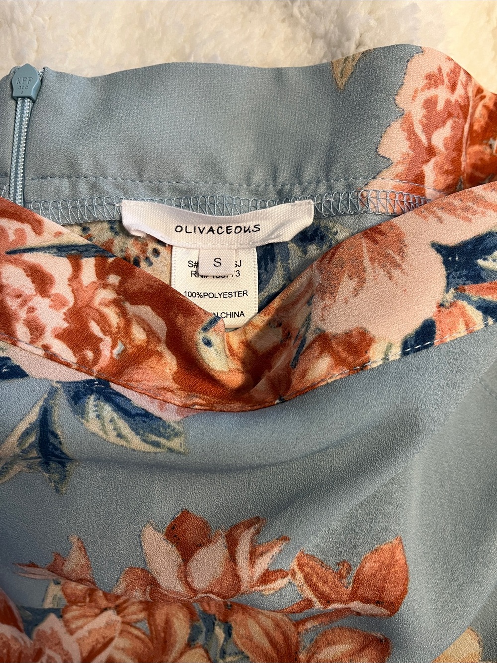 Olivaceous Light Blue Dress with Coral Floral Print Size SM  27”Waist - Picture 3 of 8